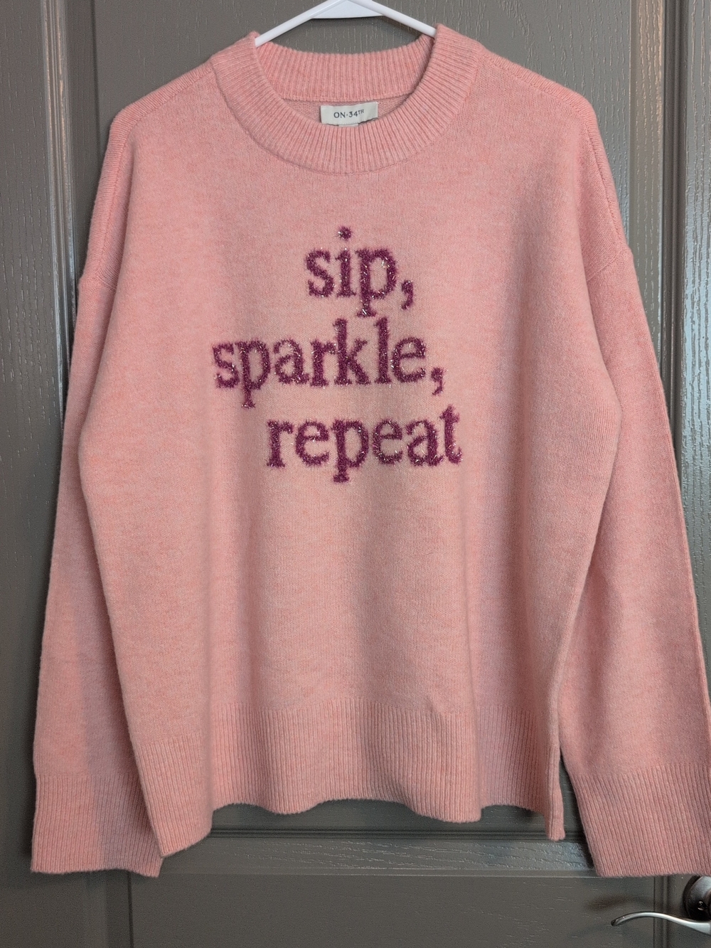 On 34th Pink Crewneck Sweater with 'Sip, Sparkle, Repeat' Embroidery